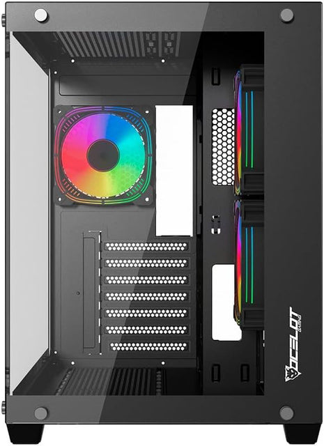 Gabinete Ocelot Gaming Glass Hunter 3 | Mini Tower, Triple Cristal Templado, Listo para MB BTF, 3 Ventiladores, Negro