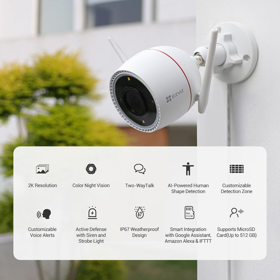 Cámara Exterior EZVIZ H3c 2K (3MP) | Visión Nocturna a Color, Defensa Activa con Sirena, IA con Detección Humana, IP67
