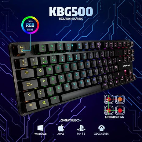 Teclado Mecánico TKL Game Factor KBG500-BL | RGB, Switch Blue, Tenkeyless, USB, Negro