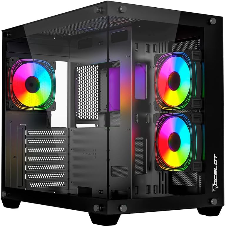 Gabinete Ocelot Gaming Glass Hunter 3 | Mini Tower, Triple Cristal Templado, Listo para MB BTF, 3 Ventiladores, Negro