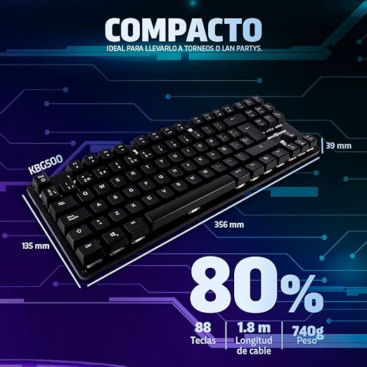 Teclado Mecánico TKL Game Factor KBG500-BL | RGB, Switch Blue, Tenkeyless, USB, Negro