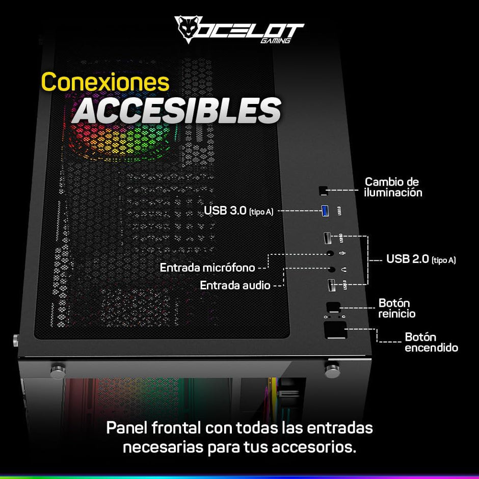 Gabinete Ocelot Gaming Glass Hunter 3 | Mini Tower, Triple Cristal Templado, Listo para MB BTF, 3 Ventiladores, Negro