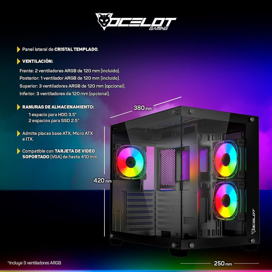 Gabinete Ocelot Gaming Glass Hunter 3 | Mini Tower, Triple Cristal Templado, Listo para MB BTF, 3 Ventiladores, Negro