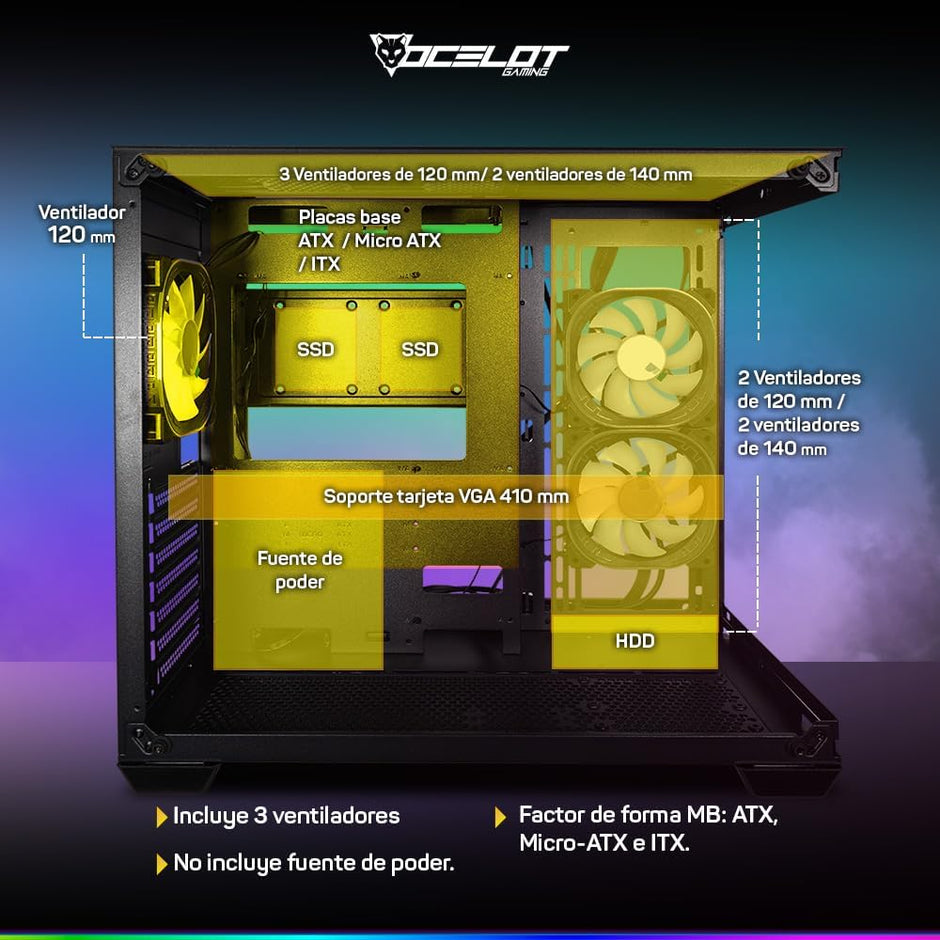 Gabinete Ocelot Gaming Glass Hunter 3 | Mini Tower, Triple Cristal Templado, Listo para MB BTF, 3 Ventiladores, Negro