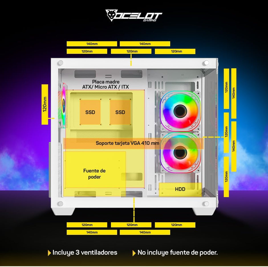 Gabinete Ocelot Gaming W-Cube 2 | Mid Tower, Cristal Templado Frontal/Lateral, 3 Ventiladores ARGB, Blanco