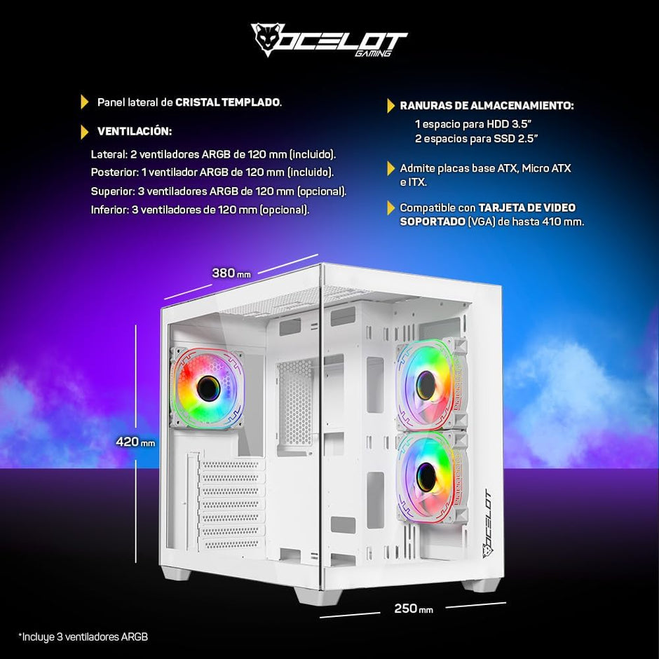 Gabinete Ocelot Gaming W-Cube 2 | Mid Tower, Cristal Templado Frontal/Lateral, 3 Ventiladores ARGB, Blanco