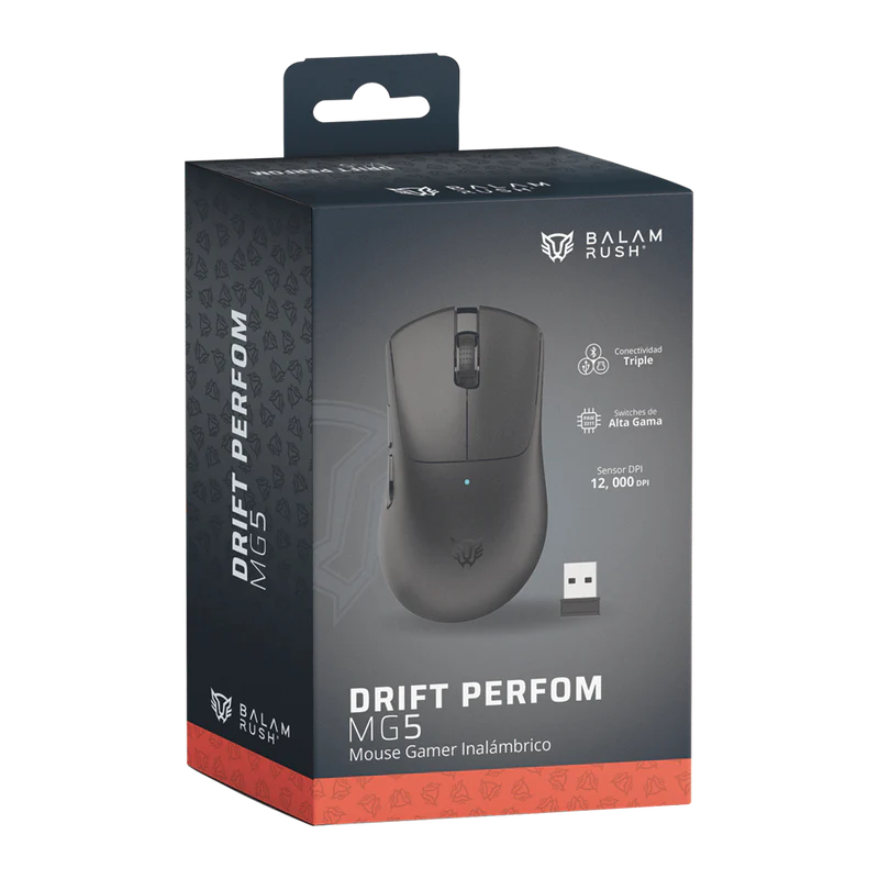 Mouse Gamer Balam Rush Drift Perform MG5 | Dual Inalámbrico y Alámbrico, 12,000 DPI, Recargable, 5 Botones, Negro