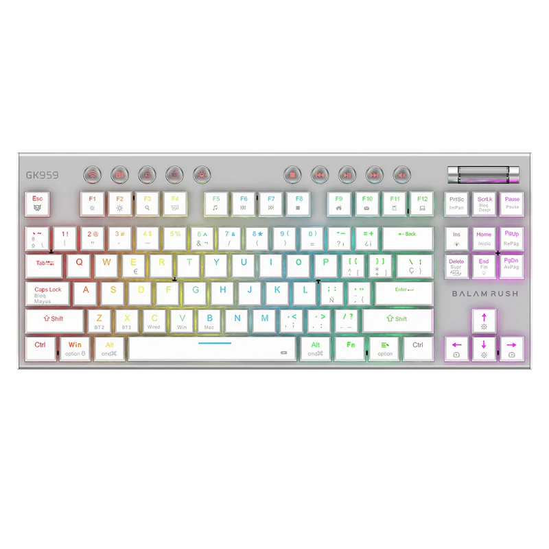 Teclado Mecánico Gamer Balam Rush Dominate Expert GK959 Blanco | Inalámbrico Dual (2.4GHz + BT 5.0), RGB, TKL 87 Teclas, Español