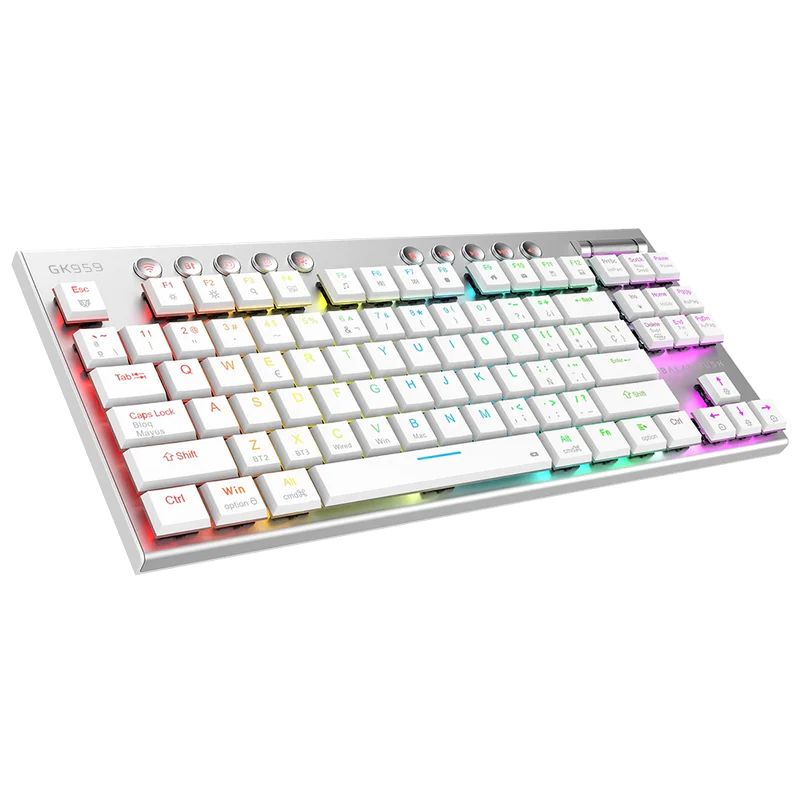 Teclado Mecánico Gamer Balam Rush Dominate Expert GK959 Blanco | Inalámbrico Dual (2.4GHz + BT 5.0), RGB, TKL 87 Teclas, Español