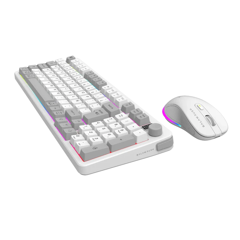 Kit Gamer Inalámbrico Balam Rush Squad Conquest Pro KG525 | Blanco, Teclado 97 Teclas + Mouse 7200 DPI, RGB, Dual (BT + 2.4GHz)