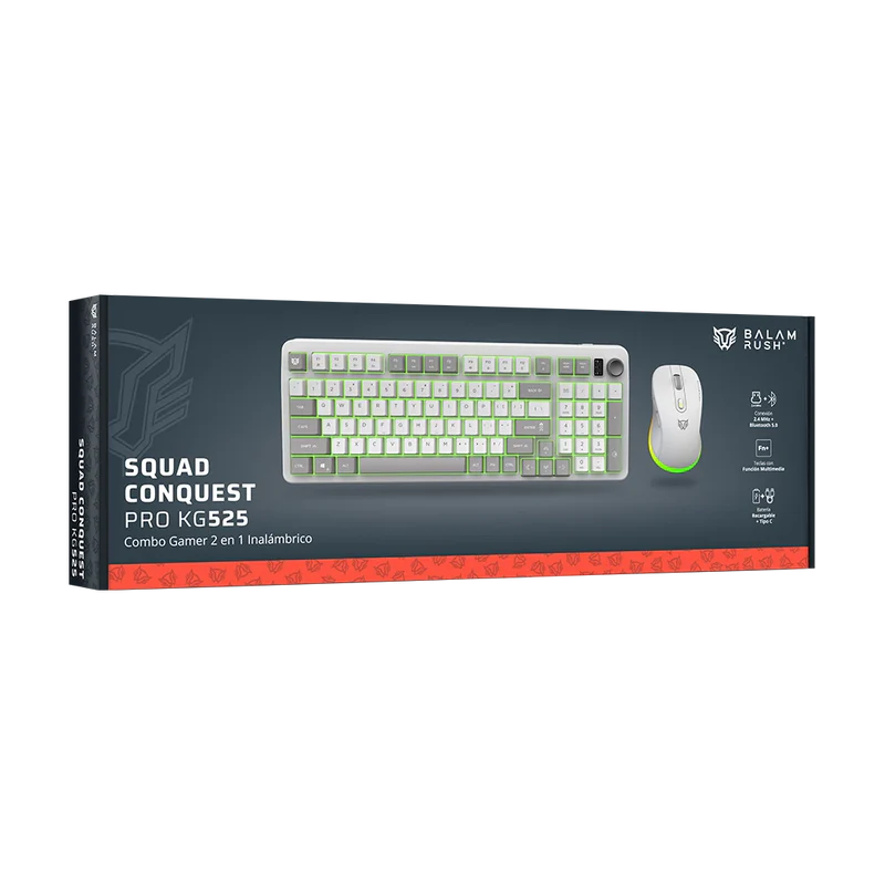 Kit Gamer Inalámbrico Balam Rush Squad Conquest Pro KG525 | Blanco, Teclado 97 Teclas + Mouse 7200 DPI, RGB, Dual (BT + 2.4GHz)